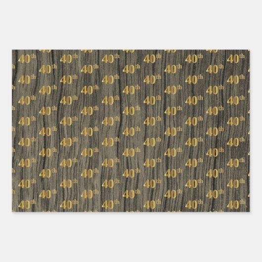 Rustieke Faux Wood Grain, Elegant Faux Gold "40th" Inpakpapier Vel (Voorkant)
