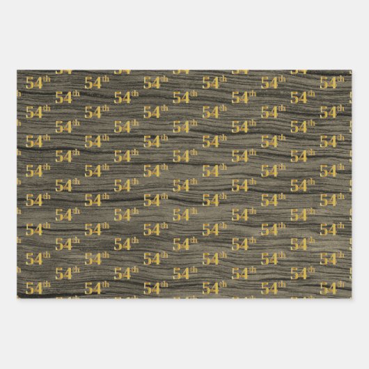 Rustieke Faux Wood Grain, Elegant Faux Gold "54th" Inpakpapier Vel (Voorkant 3)