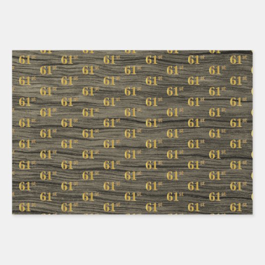 Rustieke Faux Wood Grain, Elegant Faux Gold "61st" Inpakpapier Vel (Voorkant 2)