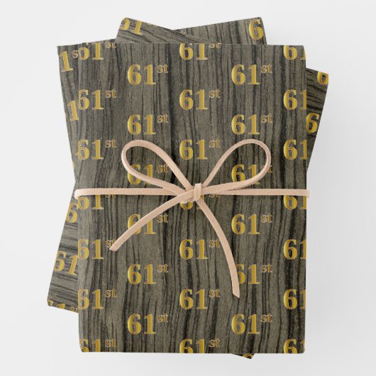 Rustieke Faux Wood Grain, Elegant Faux Gold "61st" Inpakpapier Vel (In situ)