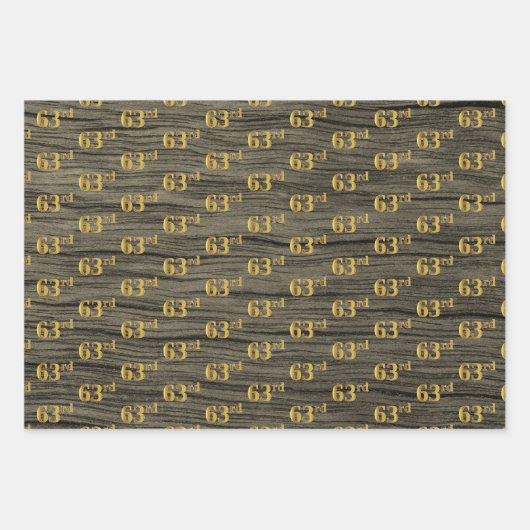 Rustieke Faux Wood Grain, Elegant Faux Gold "63rd" Inpakpapier Vel (Voorkant 2)