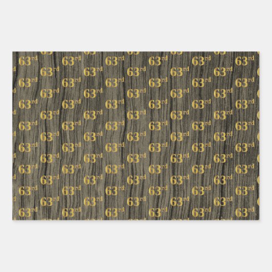 Rustieke Faux Wood Grain, Elegant Faux Gold "63rd" Inpakpapier Vel (Voorkant)