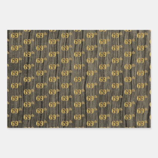 Rustieke Faux Wood Grain, Elegant Faux Gold "69th" Inpakpapier Vel (Voorkant 3)