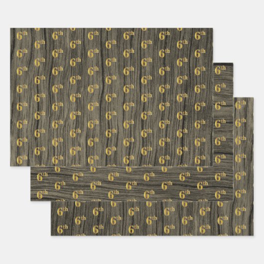 Rustieke Faux Wood Grain, Elegant Faux Gold "6th" Inpakpapier Vel (Set)