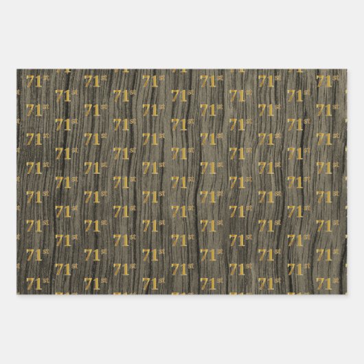Rustieke Faux Wood Grain, Elegant Faux Gold "71st" Inpakpapier Vel (Voorkant 3)
