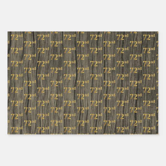 Rustieke Faux Wood Grain, Elegant Faux Gold "72nd" Inpakpapier Vel (Voorkant)