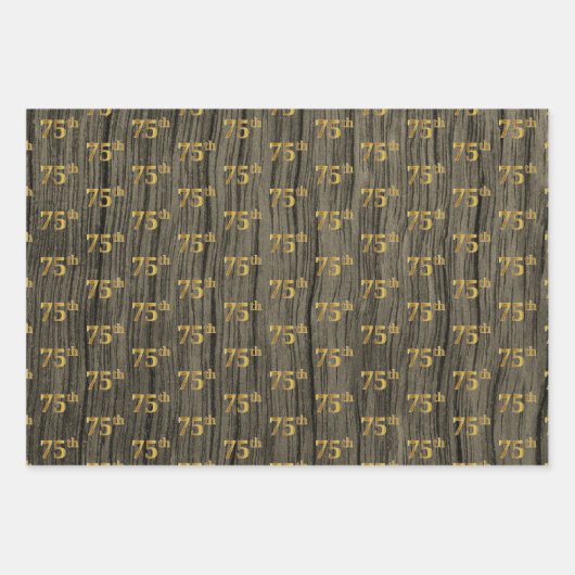Rustieke Faux Wood Grain, Elegant Faux Gold "75th" Inpakpapier Vel (Voorkant 3)