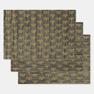 Rustieke Faux Wood Grain, Elegant Faux Gold "76th" Inpakpapier Vel