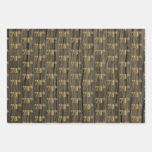 Rustieke Faux Wood Grain, Elegant Faux Gold "78th" Inpakpapier Vel (Voorkant 3)