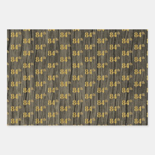 Rustieke Faux Wood Grain, Elegant Faux Gold "84th" Inpakpapier Vel (Voorkant)