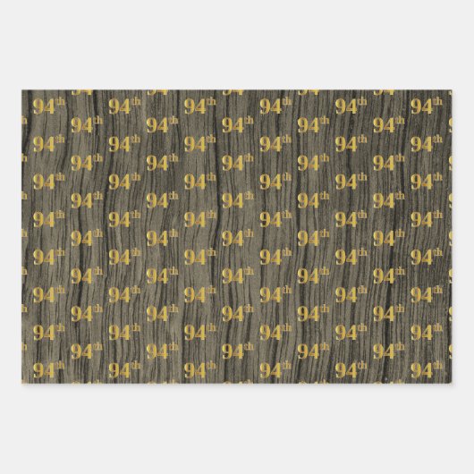 Rustieke Faux Wood Grain, Elegant Faux Gold "94th" Inpakpapier Vel (Voorkant)