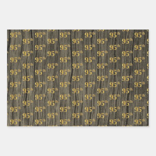 Rustieke Faux Wood Grain, Elegant Faux Gold "95th" Inpakpapier Vel (Voorkant)