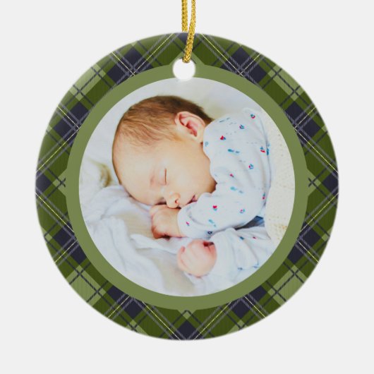 Rustieke feestelijke Green Plaid Baby's eerste ker Keramisch Ornament (Voorkant)
