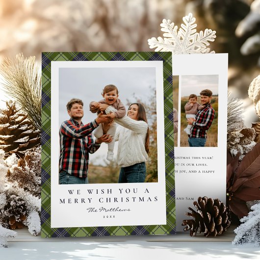 Rustieke feestelijke Green Plaid Familiefoto Kerst Feestdagenkaart