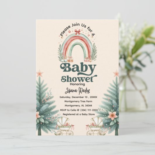 Rustieke feestelijke regenboog kerst Baby shower Kaart (Staand voorkant)