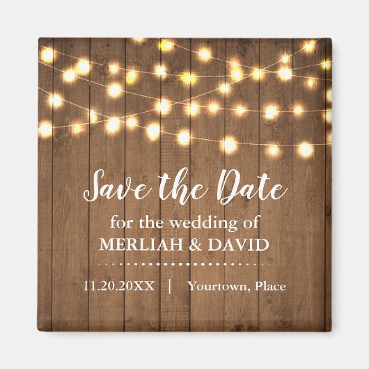 Rustieke feestverlichting Faux Wood Save the Date Magneet (Voorkant)