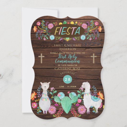 Rustieke Fiesta Eerste Communie Folk Bloemen Lama Kaart (Voorkant)