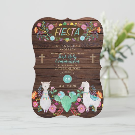 Rustieke Fiesta Eerste Communie Folk Bloemen Lama Kaart (Staand voorkant)