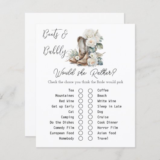 Rustieke Floral Boots Vrijgezellenfeest Game Kaart (Voorkant / Achterkant)