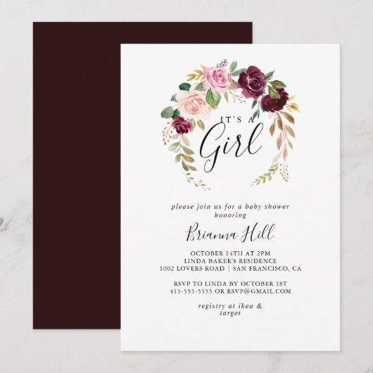 Rustieke Floral Botanical Het is een meisje Baby s Kaart (Voorkant / Achterkant)