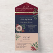 Rustieke Floral Bourgondië en Navy Wedding All In One Uitnodiging (Binnen)