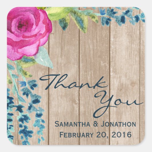 Rustieke Floral geschilderd hout bruiloft dank u Vierkante Sticker (Voorkant)