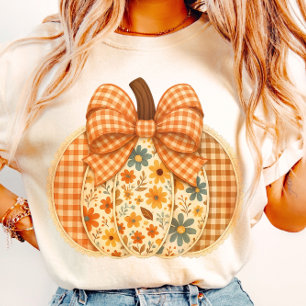 Rustieke Floral Gingham Herfst Pompoen T-shirt