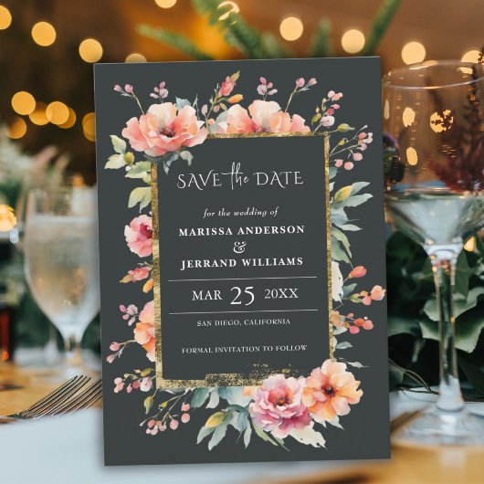 Rustieke Floral Gold Lijst Foto Save the Date Kaar
