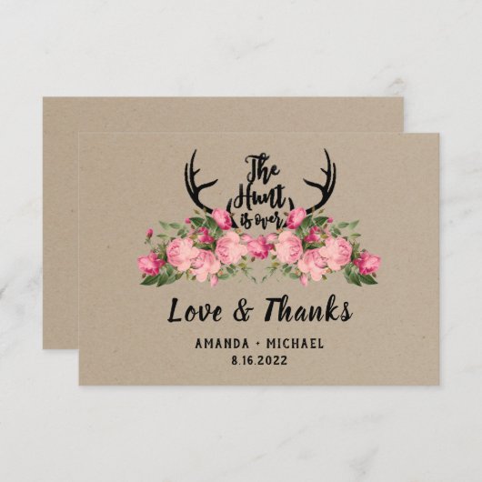 Rustieke Floral Kraft Hunt is over bruiloft dank u Bedankkaart (Voorkant / Achterkant)