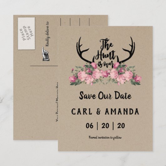 Rustieke Floral Kraft Hunt is over de datum redden Aankondigingskaart (Voorkant / Achterkant)