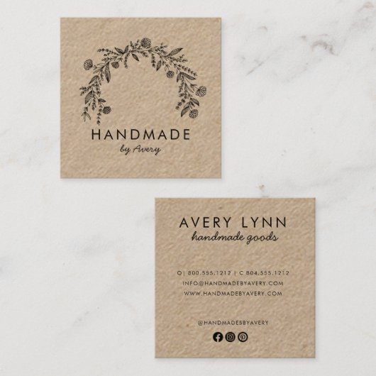 Rustieke Floral Logo Kraft Vierkante Visitekaartje (Voorkant / Achterkant)