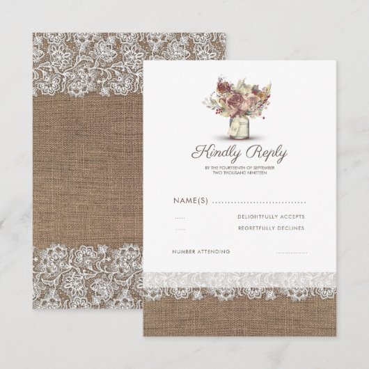 Rustieke Floral Mason Jar | Burlap Wedding RSVP Kaartje (Voorkant / Achterkant)