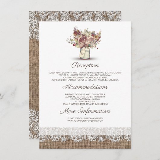Rustieke Floral Mason Jar trouwinformatie gast Informatiekaartje (Voorkant / Achterkant)