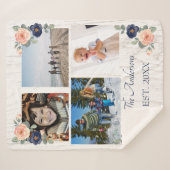 Rustieke Floral Navy Blue en Peach fotocollage Sherpa Deken (Voorkant (horizontaal))