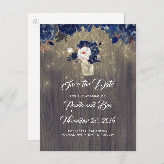 Rustieke Floral Navy Mason Jar Save the Date Aankondigingskaart (Voorkant / Achterkant)