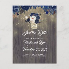 Rustieke Floral Navy Mason Jar Save the Date Aankondigingskaart