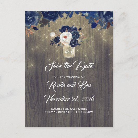 Rustieke Floral Navy Mason Jar Save the Date Aankondigingskaart (Voorkant)