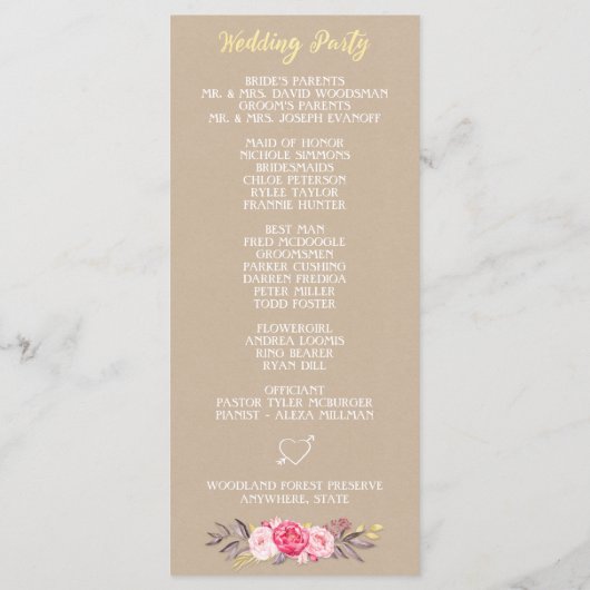 Rustieke Floral Pioen & Herten Antler Trouwprogram Programmakaart (Achterkant)