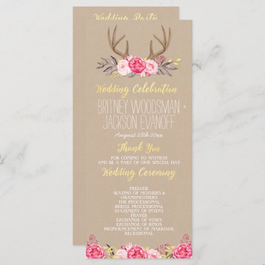 Rustieke Floral Pioen & Herten Antler Trouwprogram Programmakaart (Voorkant / Achterkant)