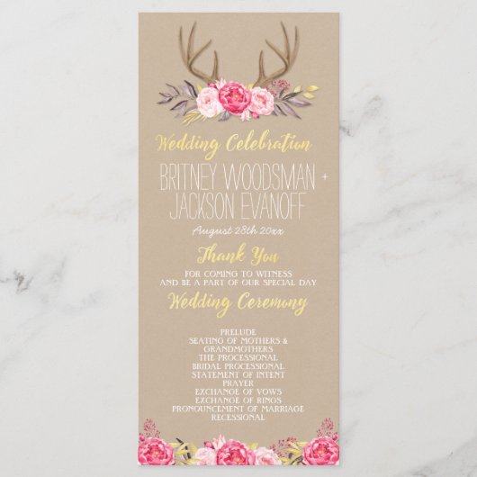 Rustieke Floral Pioen & Herten Antler Trouwprogram Programmakaart (Voorkant)