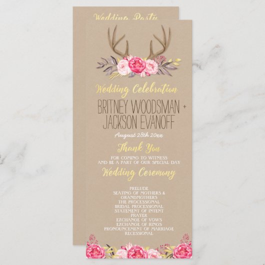 Rustieke Floral Pioen & Herten Antler Trouwprogram Programmakaart (Voorkant / Achterkant)
