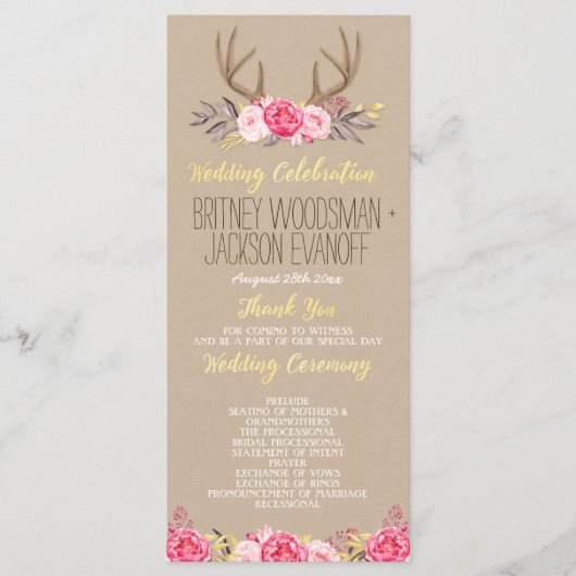 Rustieke Floral Pioen & Herten Antler Trouwprogram Programmakaart (Voorkant)