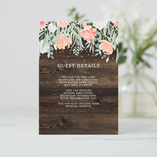 Rustieke Floral Romance | Details bruiloft gast Informatiekaartje (Staand voorkant)