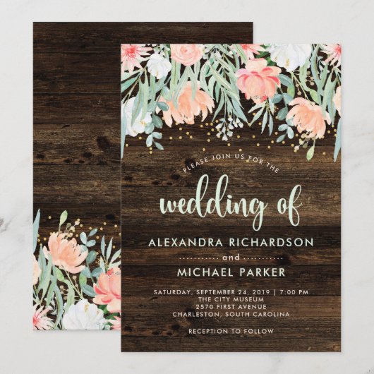 Rustieke Floral Romance | Waterverf bruiloft Kaart (Voorkant / Achterkant)