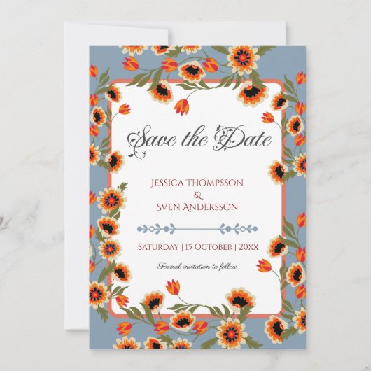Rustieke Floral Scandinavische folk-geïnspireerde Save The Date (Voorkant)