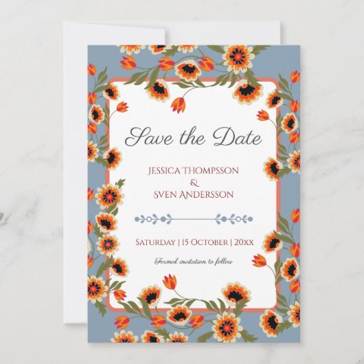 Rustieke Floral Scandinavische folk-geïnspireerde Save The Date (Voorkant)