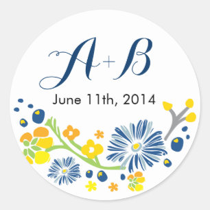 Rustieke Floral Wedding Circle Sticker Navy