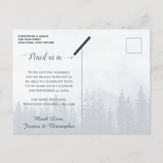 Rustieke Forest Blue Pines Bruiloft Save the Date Aankondigingskaart (Achterkant)