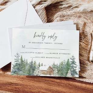 Rustieke Forest Cabin Pine Trees Winter Wedding RSVP Kaartje
