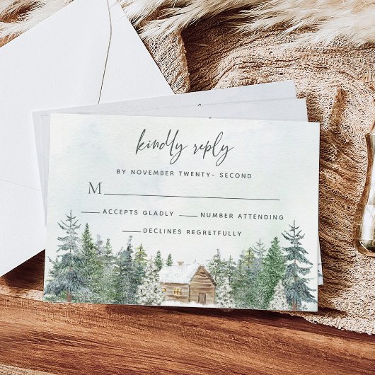 Rustieke Forest Cabin Pine Trees Winter Wedding RSVP Kaartje